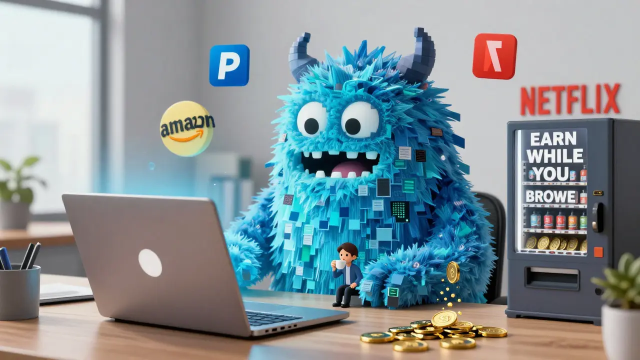 A remote worker beside a laptop emitting a pixel data monster, with SWASH tokens pouring from a vending machine labeled with popular gift cards.