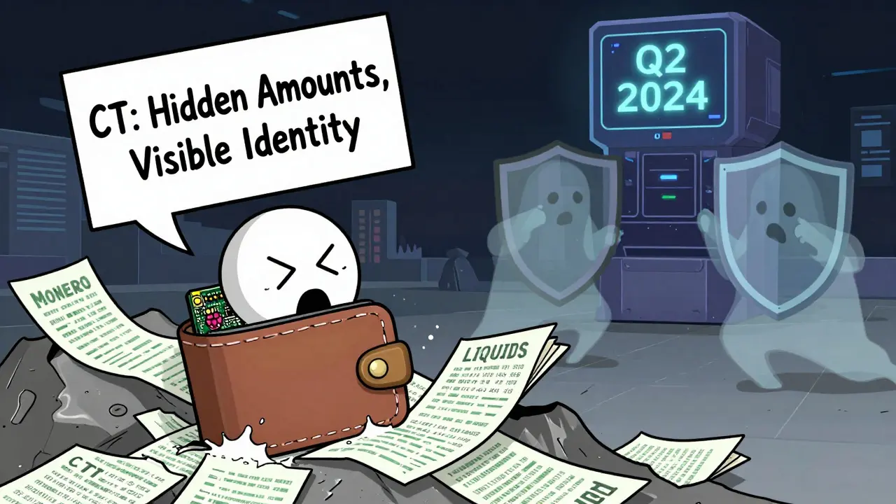 A small wallet is overwhelmed by bulky Confidential Transactions data amid competing privacy systems.