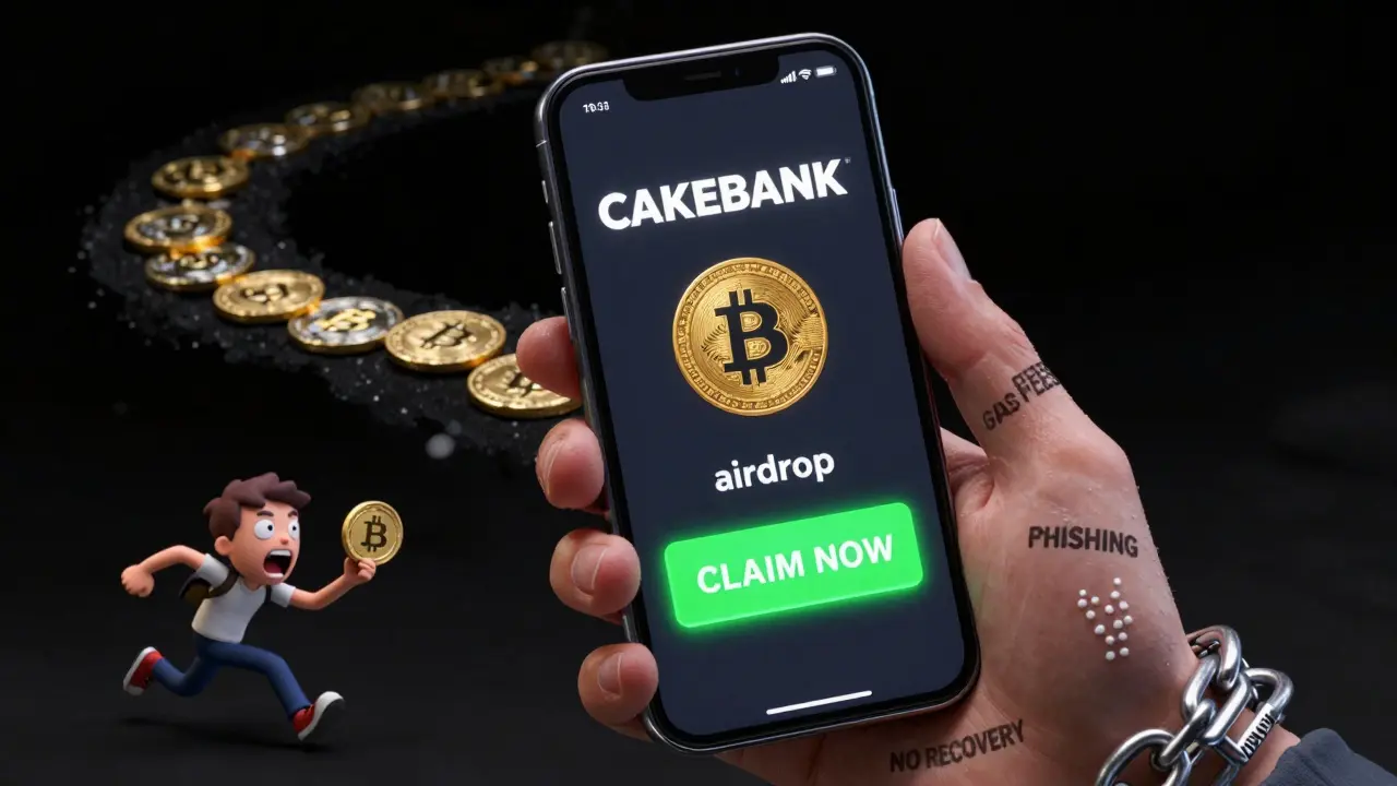 A smartphone showing a fake airdrop pop-up, held by a hand chained to phishing labels, as crypto coins vanish into darkness.