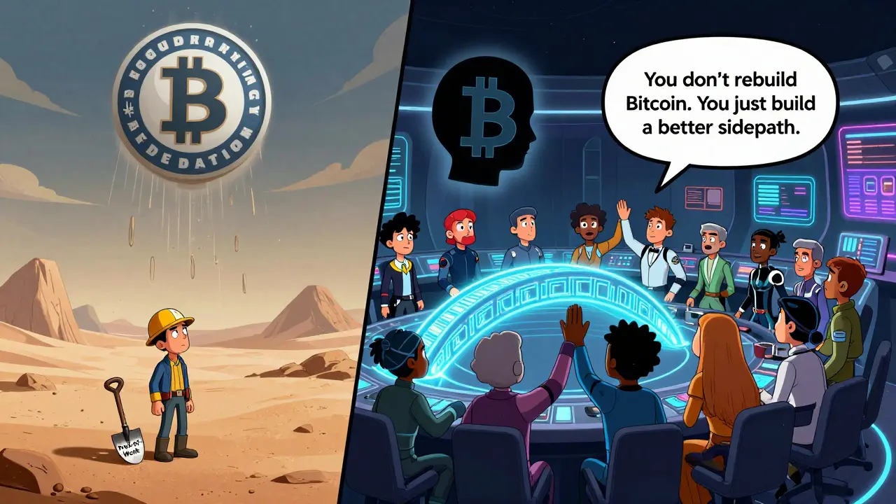 A split scene contrasting a lone miner with a futuristic federation control center bridging Bitcoin and its sidechain.