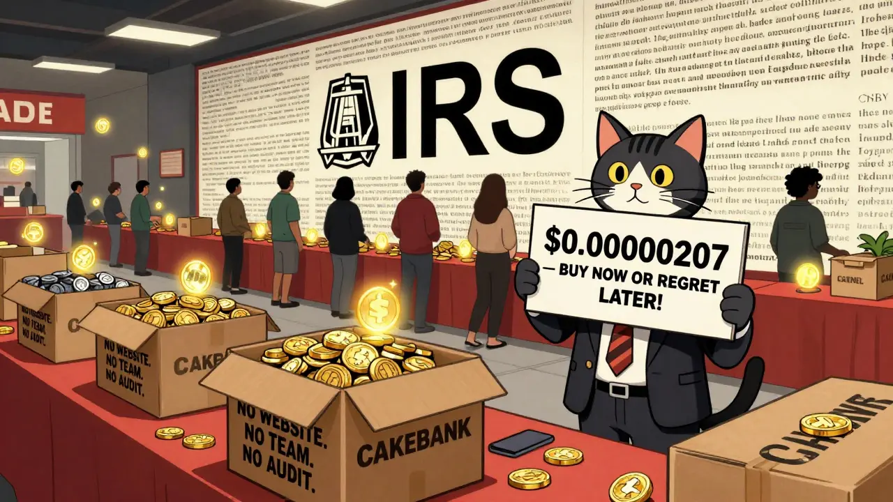 A surreal marketplace where a cat sells worthless CAKEBANK tokens while U.S. users are blocked by an IRS wall.