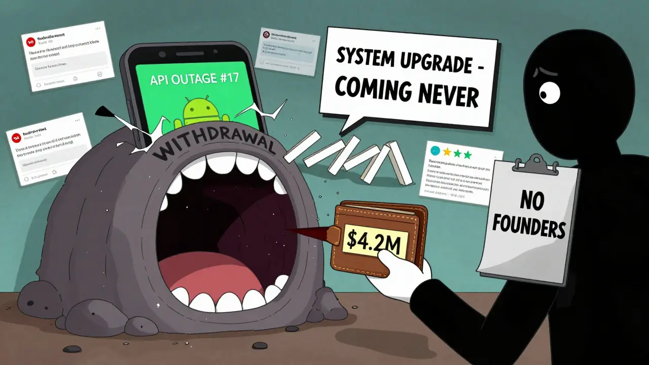 A user's wallet being sucked into a withdrawal portal while broken phones and fake upgrades surround them.