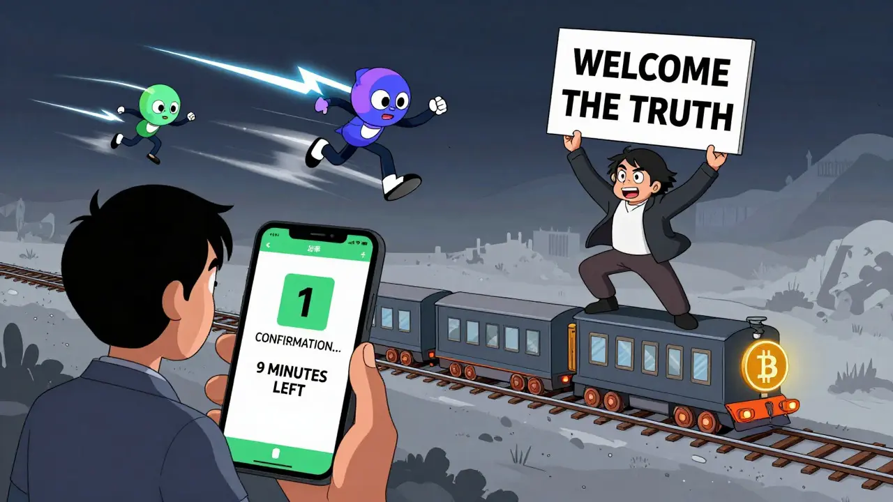 A user stares at a wallet app showing confirmation time as Satoshi Nakamoto dances nearby, with faster blockchains zipping past, in Adult Swim cartoon style.