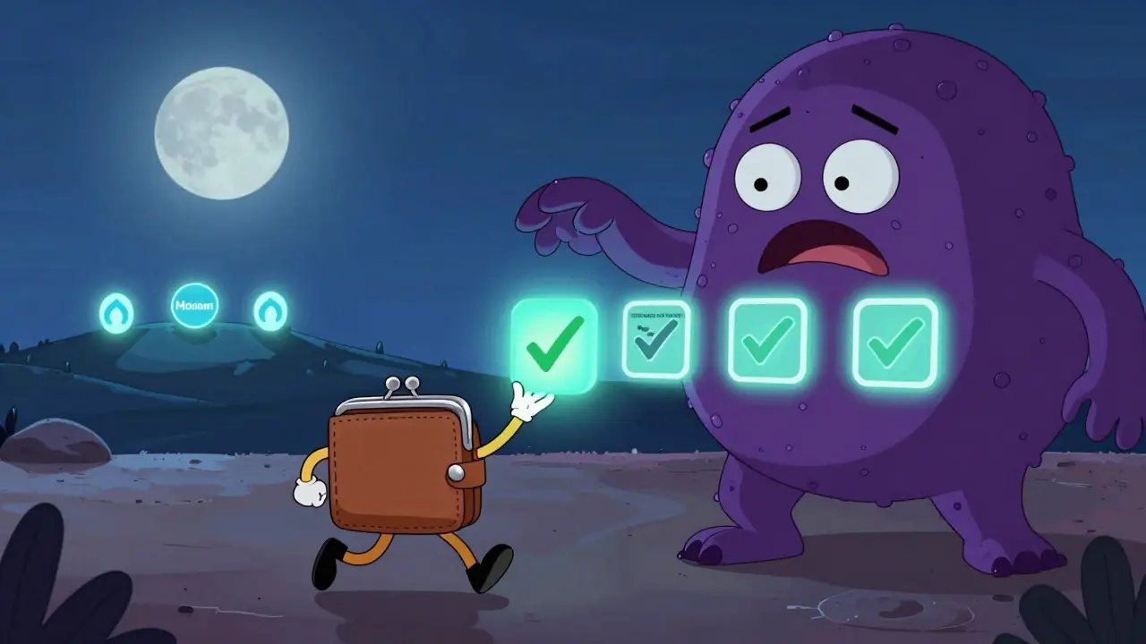 A wallet flees from a tentacled smart contract labeled 'SFEX Airdrop' as real projects glow in the distance.