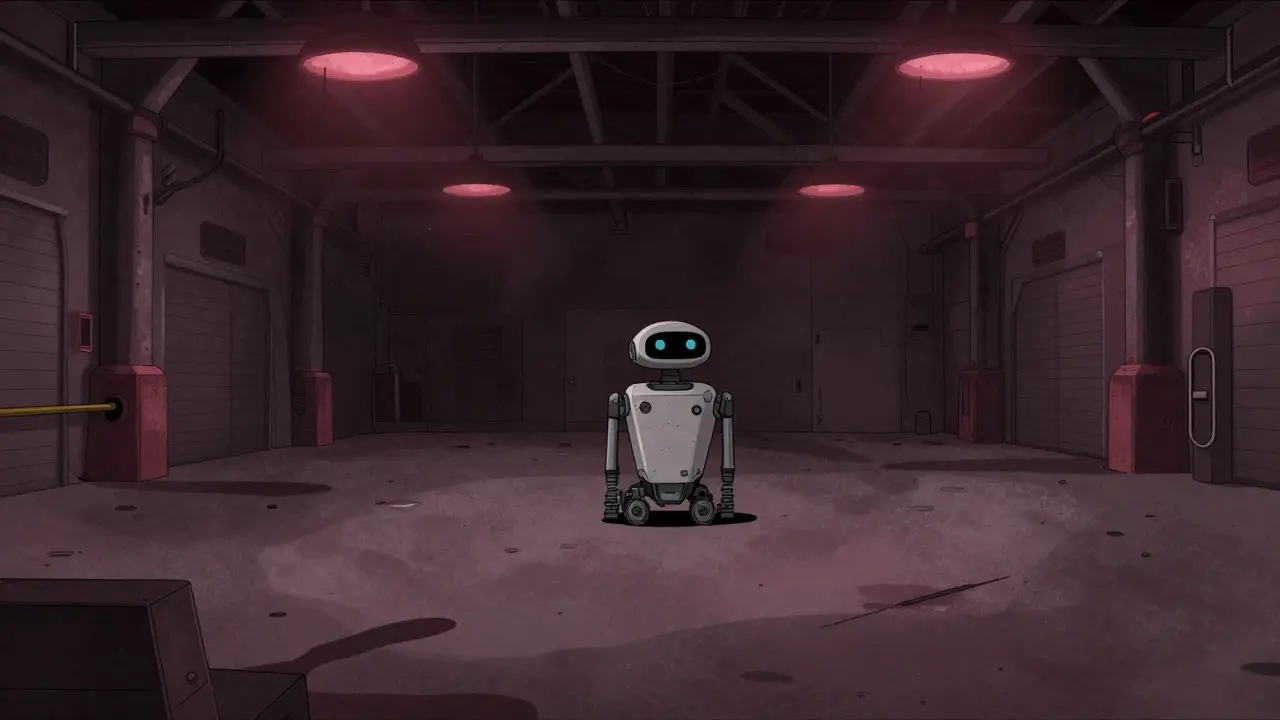 Abandoned robot in empty warehouse with flickering lights
