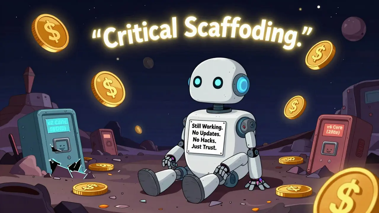An ancient robot labeled 'v2 Core Contract (2020)' sits calmly in a crypto wasteland, orbited by .84 billion in floating dollar signs under a glowing quote from Tim Beiko.