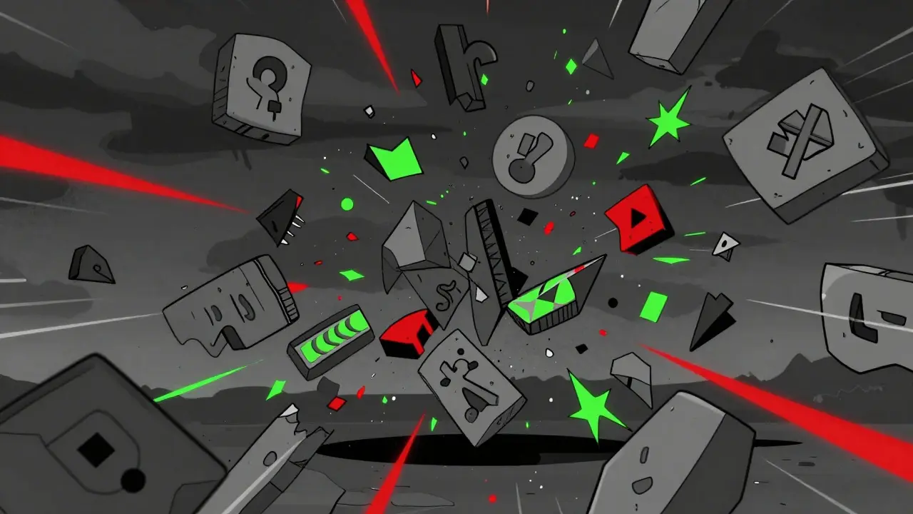 Chaotic abstract shapes representing financial data inconsistency.