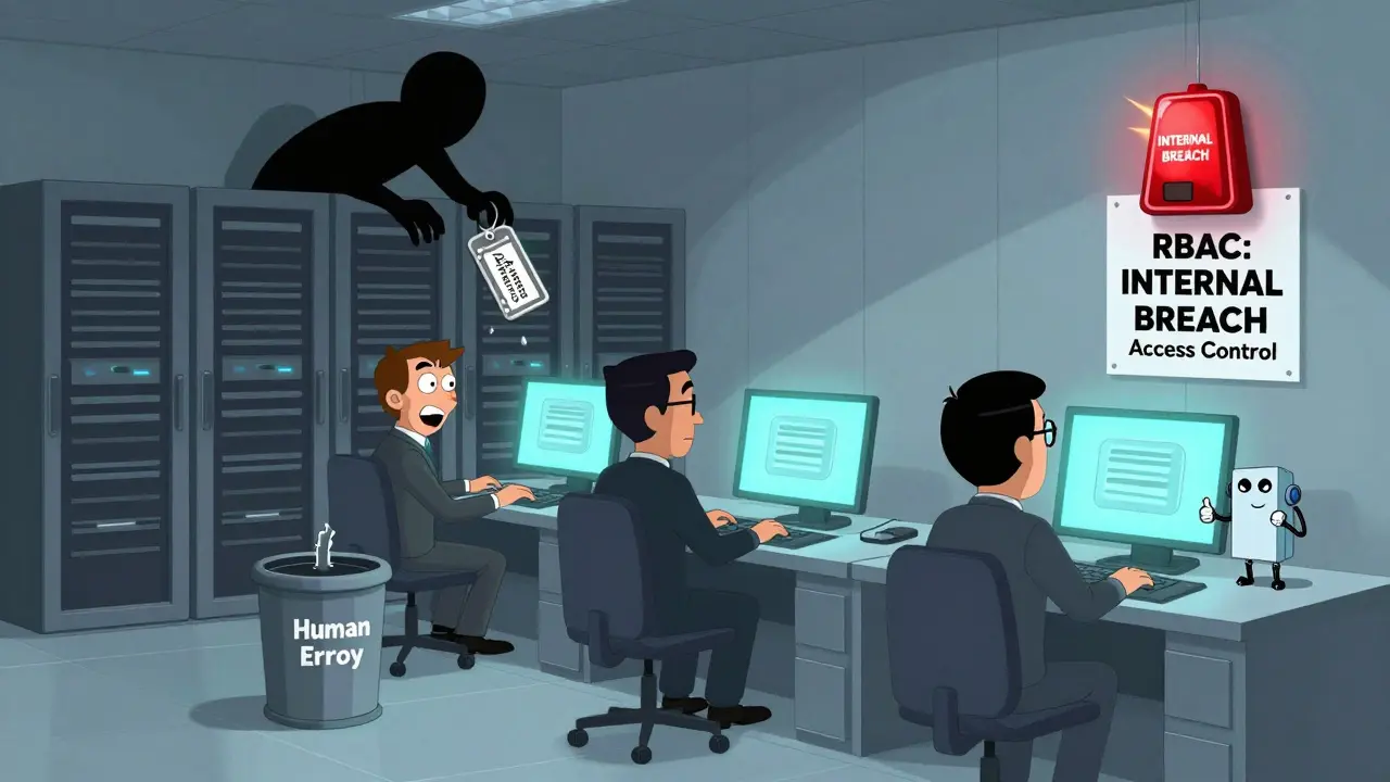 Corporate employees in a private blockchain room, one accidentally dropping an admin key as a shadow steals it.
