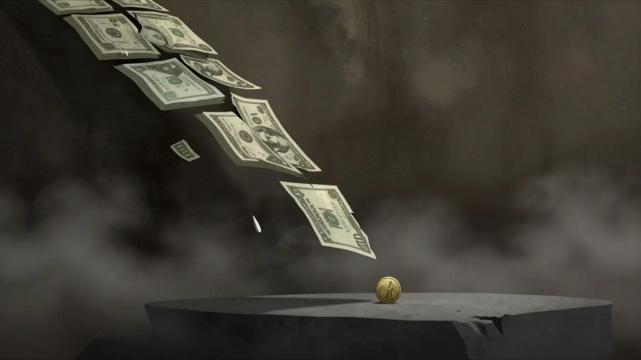 Crumbling dollar slope leading to a motionless coin in dark fog.