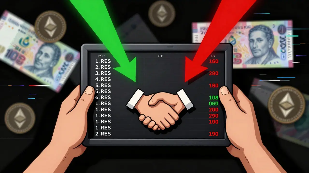 Cryptocurrency order book shown as physical price tagboard with trade arrows