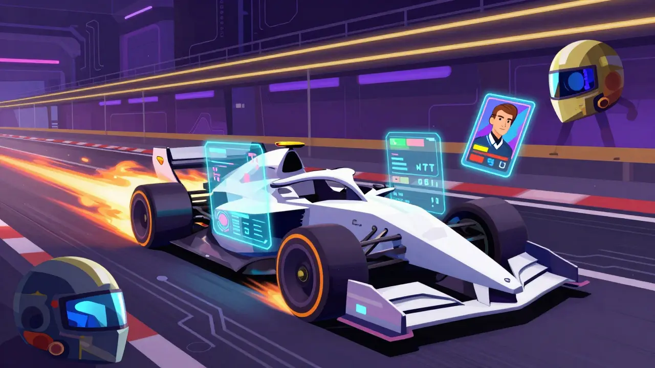 Futuristic race car with holographic NFT panels on digital track