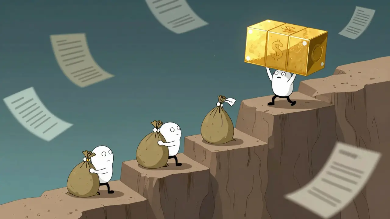 Illustration of business avatars struggling under heavy money sacks on a tiered path.