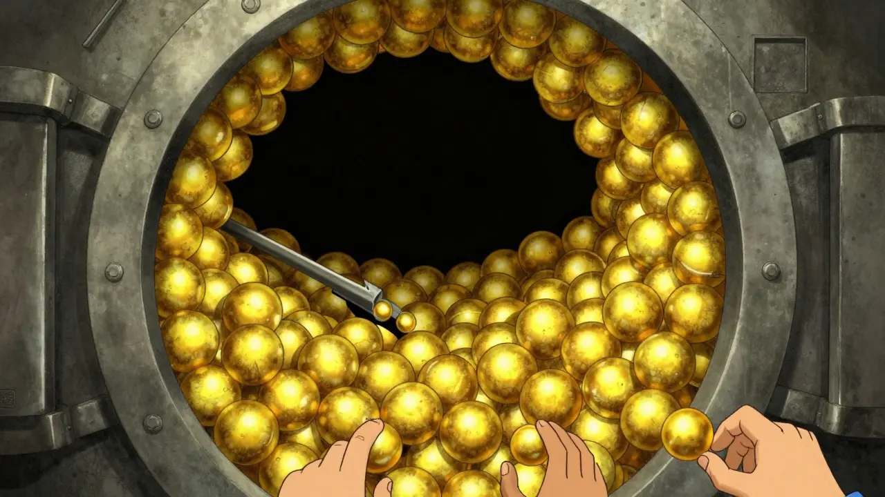Large vault leaking gold spheres into distorted claw hands.