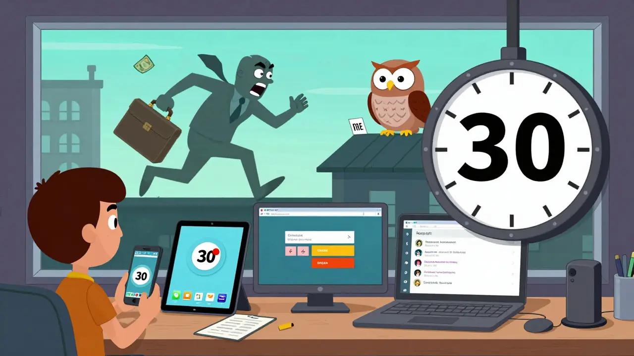 Multiple devices glowing with Swash apps active, a 30-day countdown clock ticking, and a DAO owl perched on a roof.