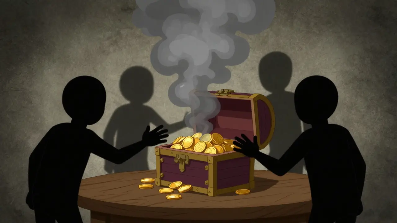 Open treasure chest emitting smoke with shadowy hands reaching out.