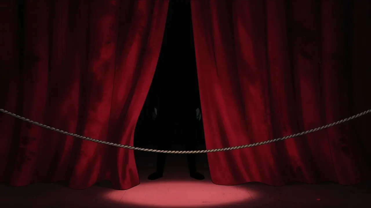 Shadowy figure behind a curtain on a precarious tightrope.