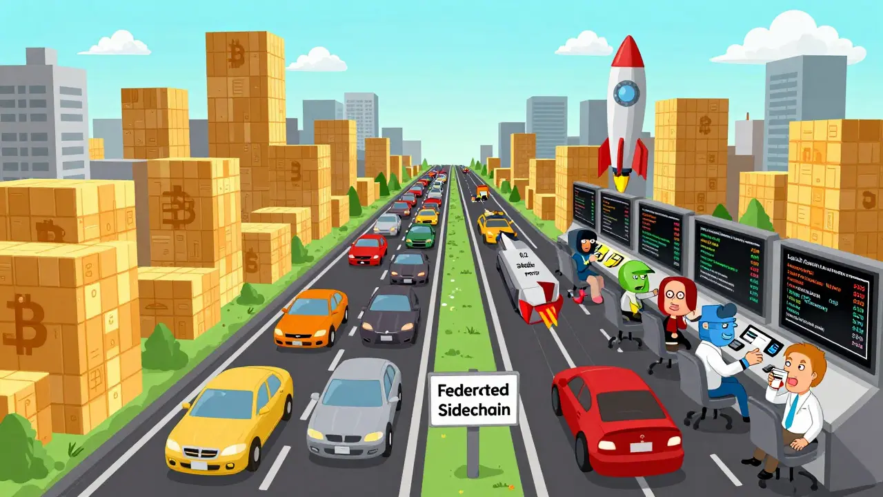 Two parallel roads: slow Bitcoin chain vs. fast sidechain rocket highway with transaction stats displayed.