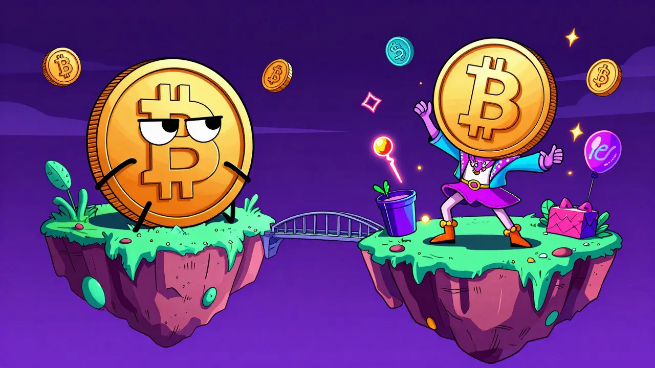 A Bitcoin coin wearing a costume dancing on a neon island bridge