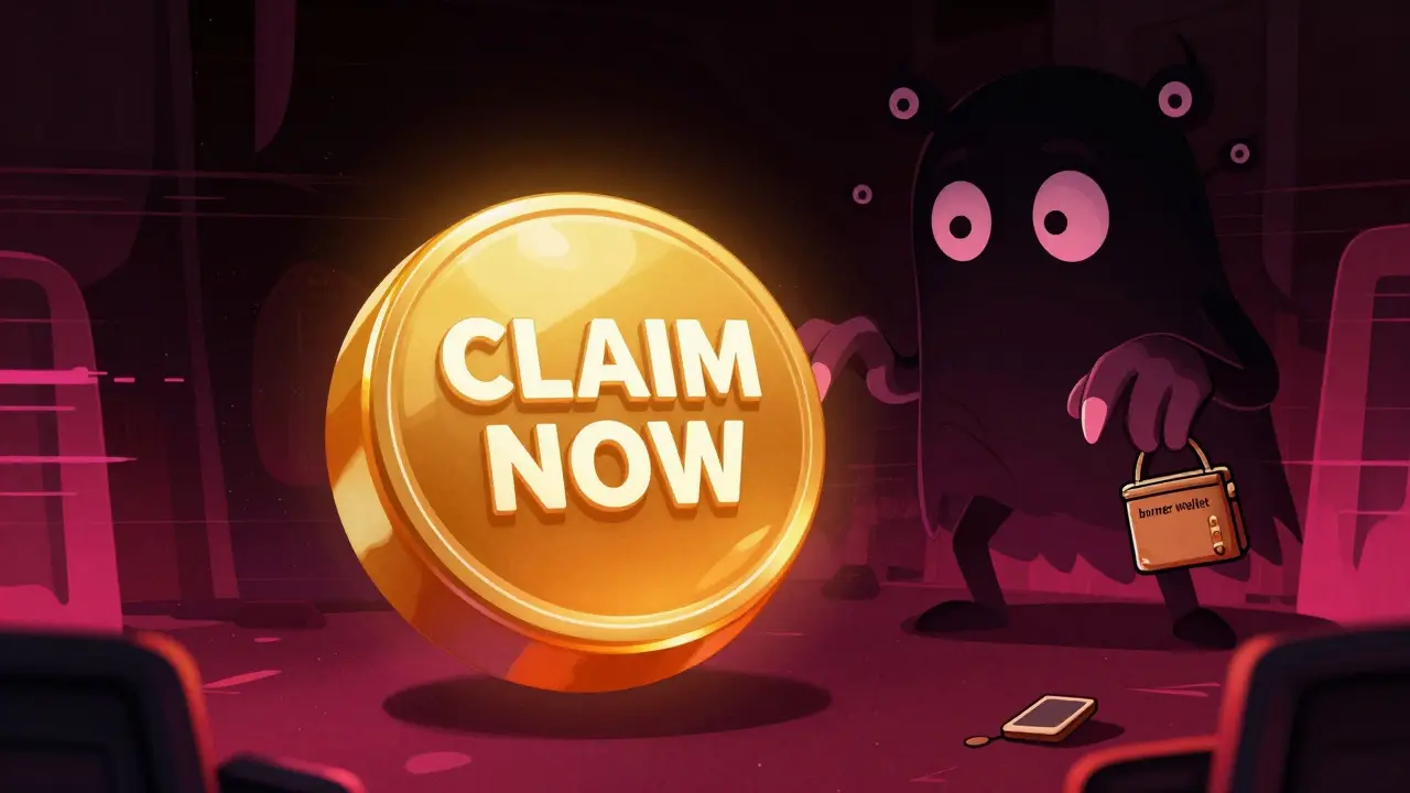 A cartoon monster hiding behind a fake claim button to steal a digital wallet.