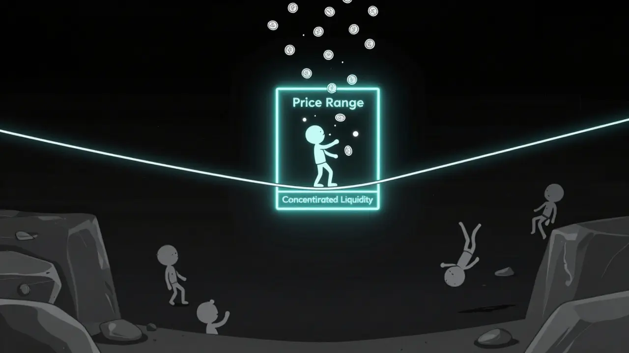 A character balancing on a neon tightrope within a specific price range to earn fees in a digital abyss.