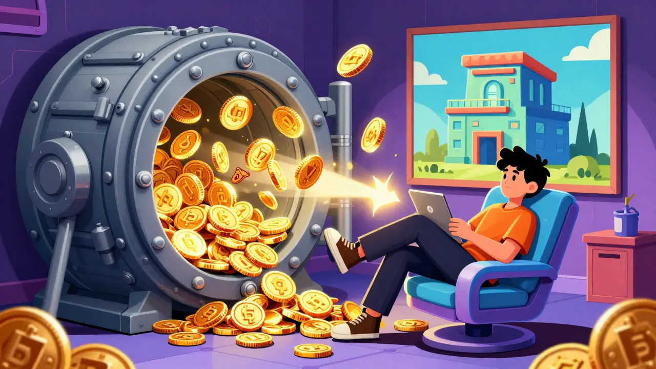 A character relaxing while a futuristic machine auto-compounds glowing golden tokens in a vault.