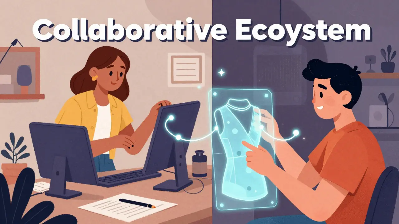 A creator and fan collaboratively designing a holographic outfit connected by a digital token.