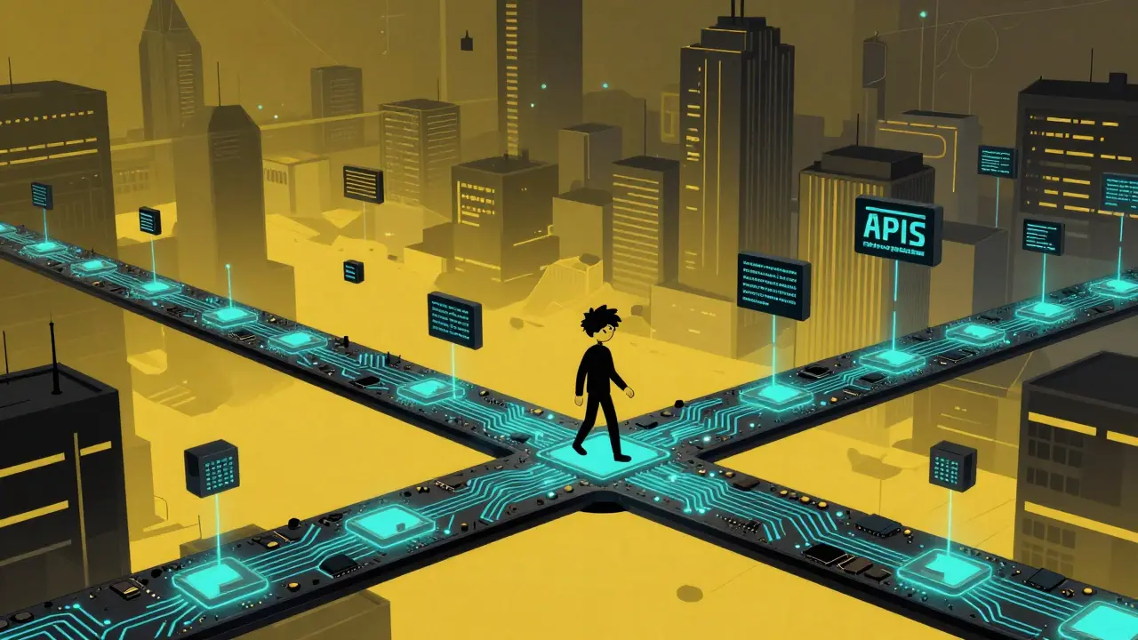 A developer crossing a circuit-board bridge toward a futuristic digital city.