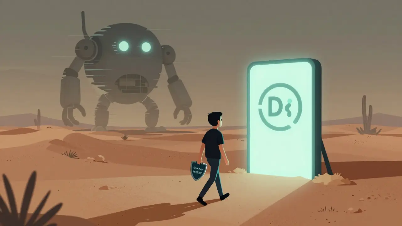 A futuristic digital desert showing a user with a burner wallet facing a glitchy robot monster.