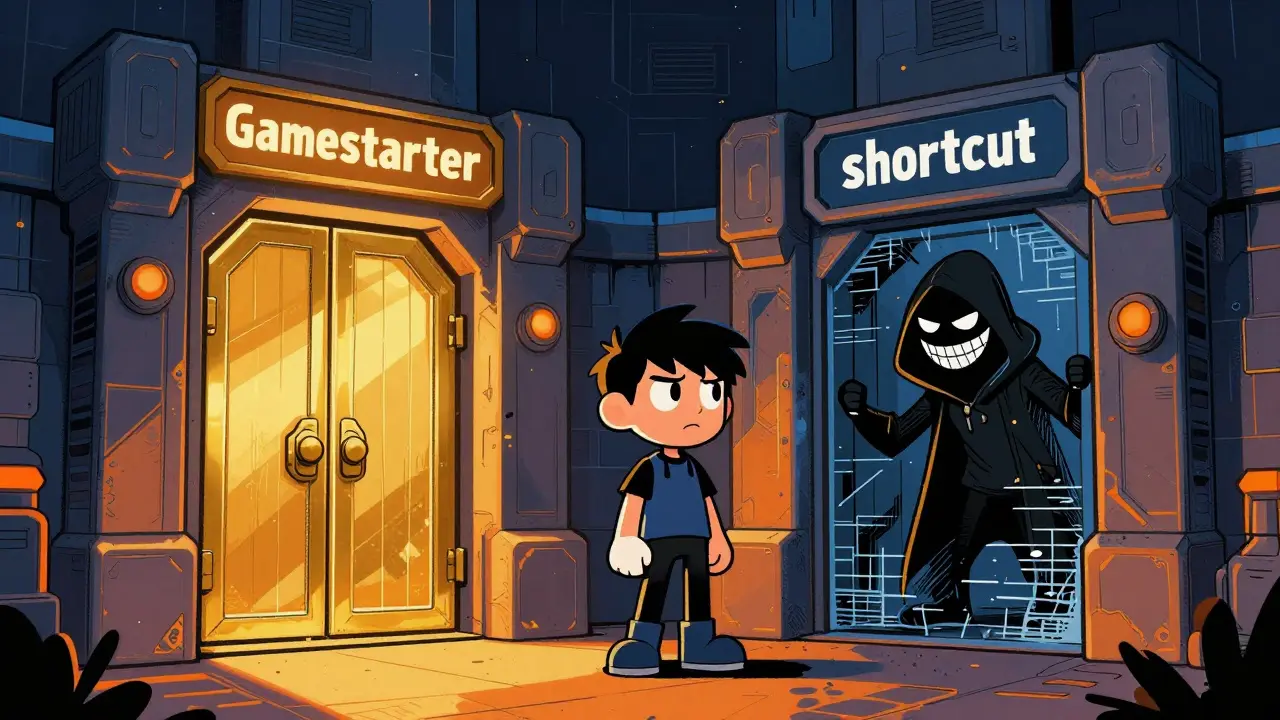 A gamer choosing between a secure official portal and a sketchy scammer's gate.