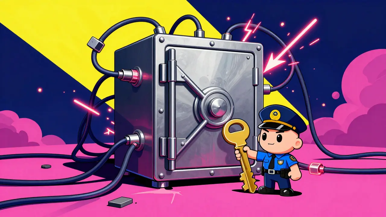 A giant offline metal vault disconnected from glowing internet cables with a security guard