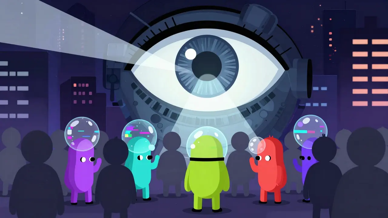 A giant robotic eye surveilling a crowd of people using pixelated cloaking bubbles.