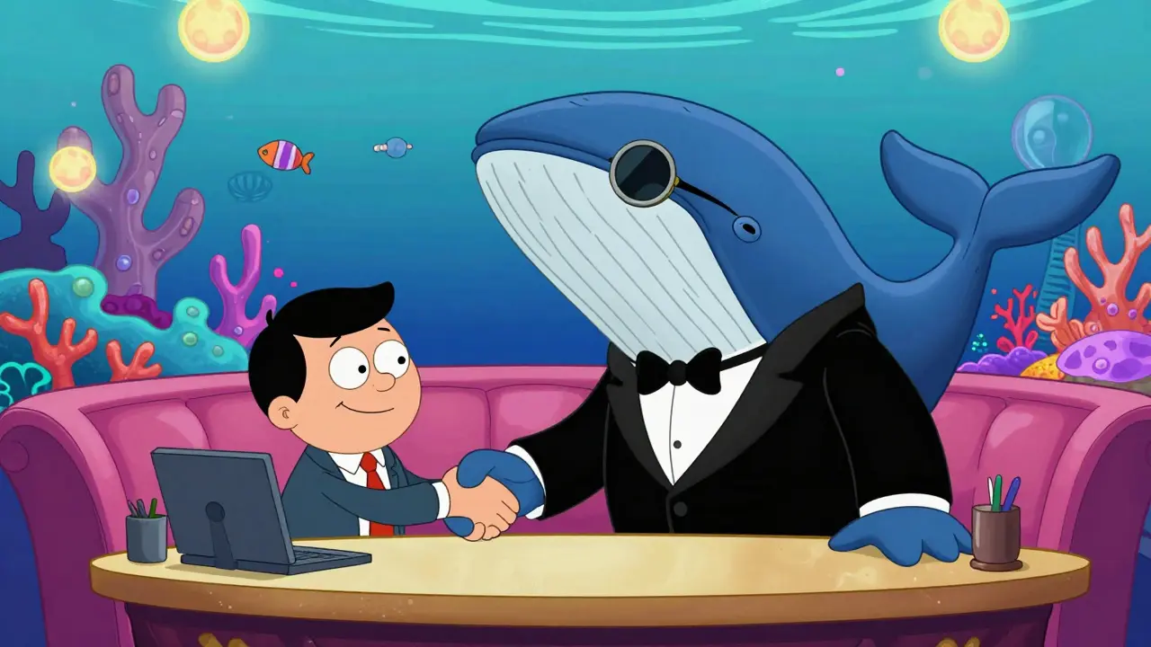 A giant whale in a tuxedo trading crypto in a surreal underwater lounge.