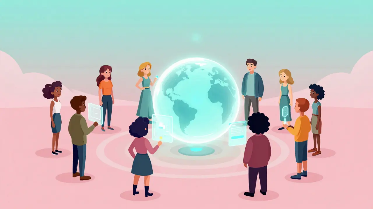 A group of quirky characters interacting with a floating glowing energy orb in a sci-fi setting.