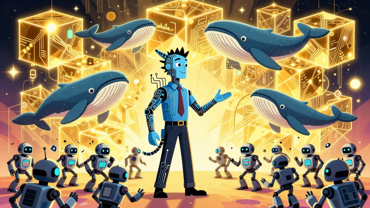 A human-AI hybrid directing trading robots over a golden blockchain data map in Adult Swim style.