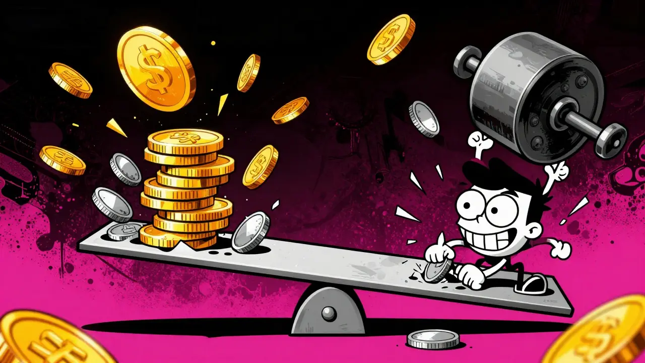 A manic character swapping coins on a chaotic seesaw representing the constant product AMM formula.