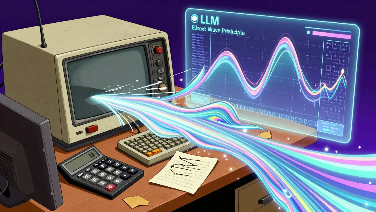 A mix of vintage trading tools and psychedelic holographic data waves in Adult Swim style.
