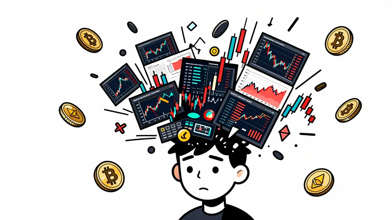 A person's head exploding into colorful trading charts and cryptocurrency symbols