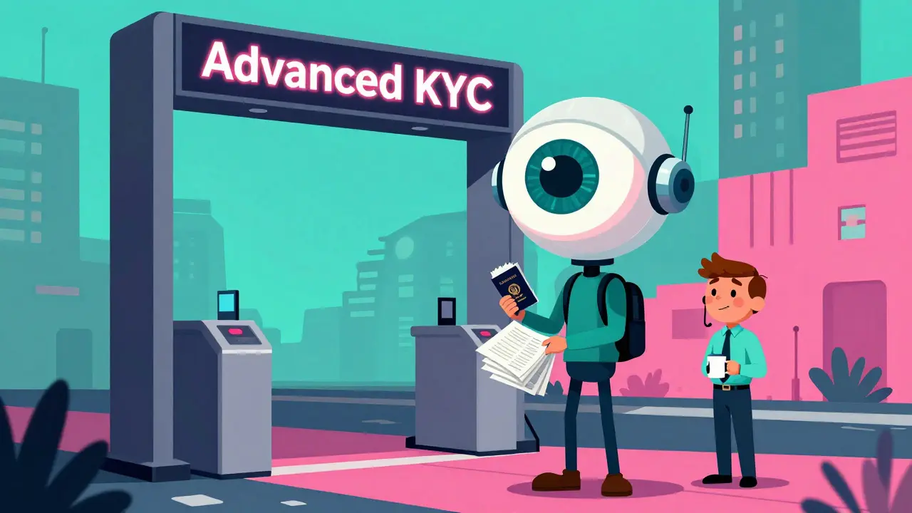 A person undergoing a rigorous security check with a giant floating robotic eye.