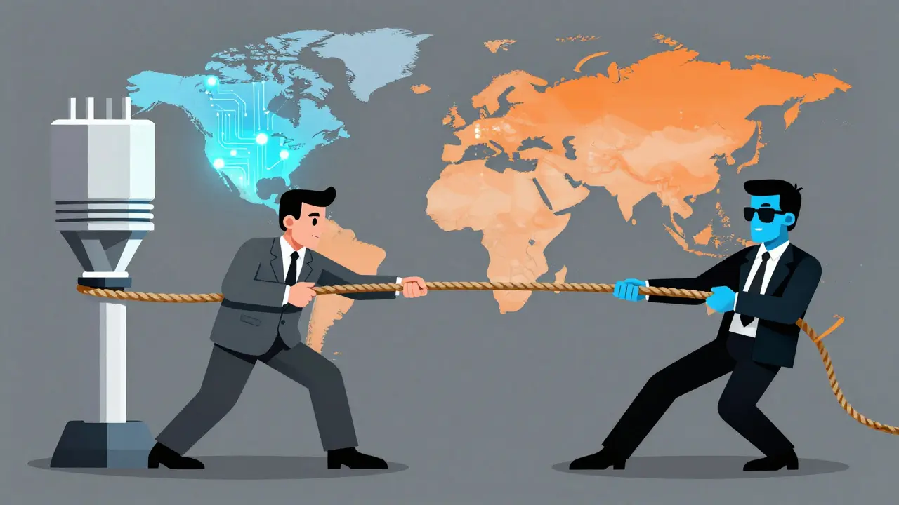 A satirical tug-of-war between a bureaucrat and a tech figure over a power plug.