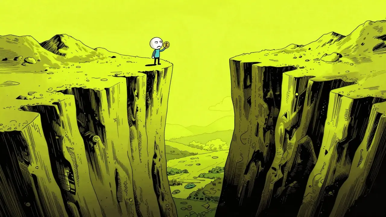 A small character standing on a neon mountain peak looking down a steep cliff into a dark abyss.