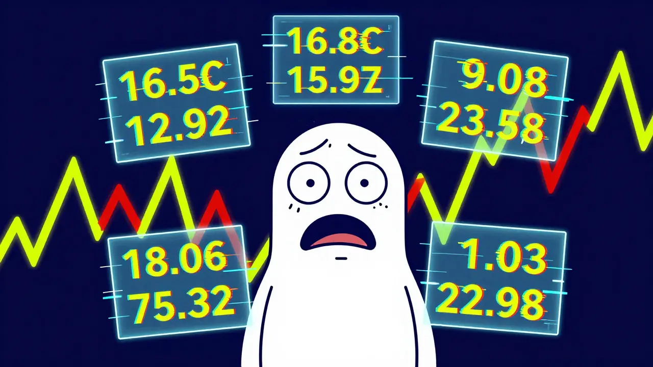 A stressed character surrounded by glitching screens showing inconsistent crypto prices.