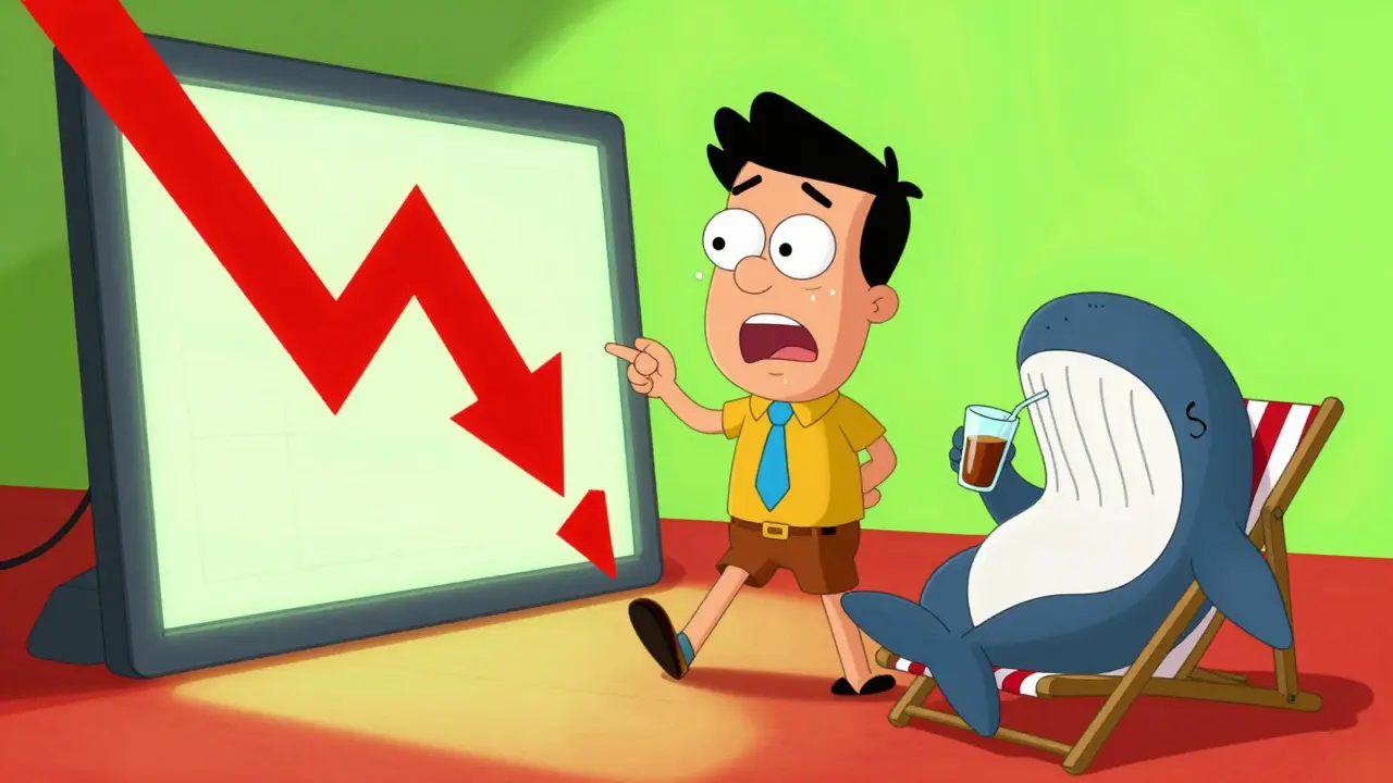 A stressed trader next to a relaxed whale during a market crash.