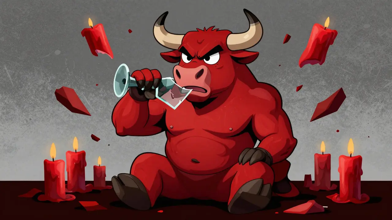 A stubborn bull mascot calmly chewing on glass during a market crash.