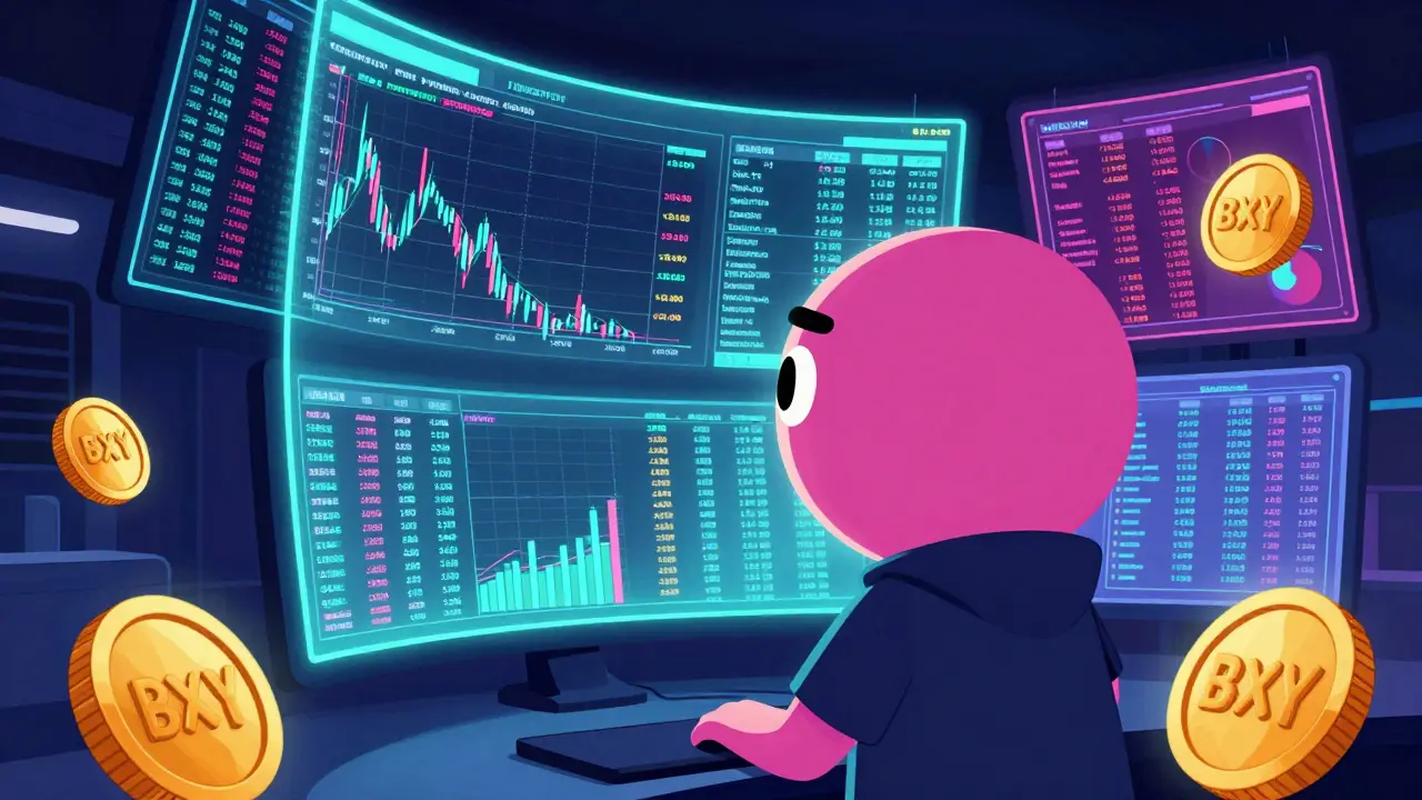 A stylized character surrounded by holographic trading charts and floating BXY tokens.