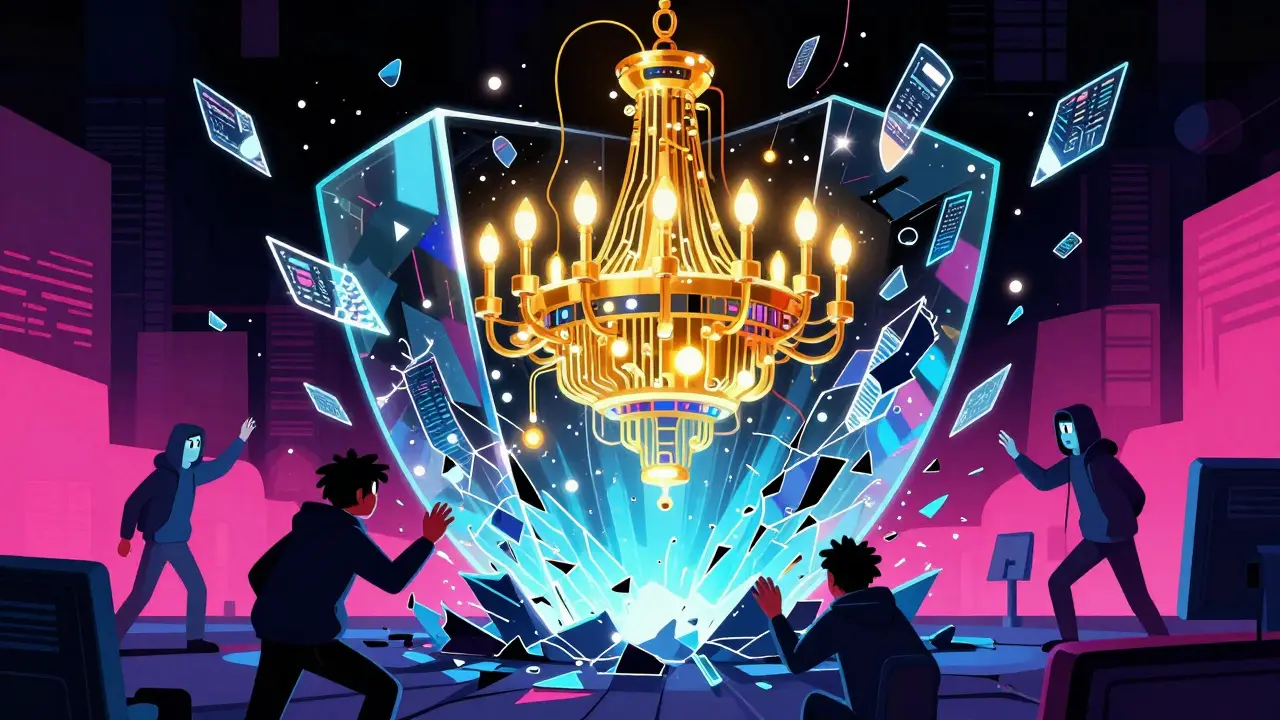 A surreal quantum computer shattering a digital shield while developers try to fix it.