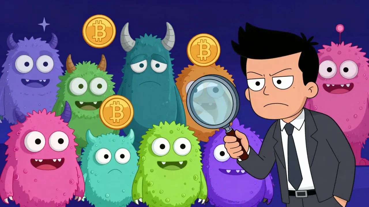 A trader examining a collection of strange, surreal altcoin monsters.