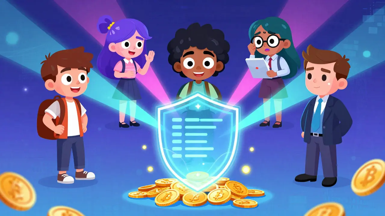 A user surrounded by three eccentric guardians connected by neon beams to a digital shield