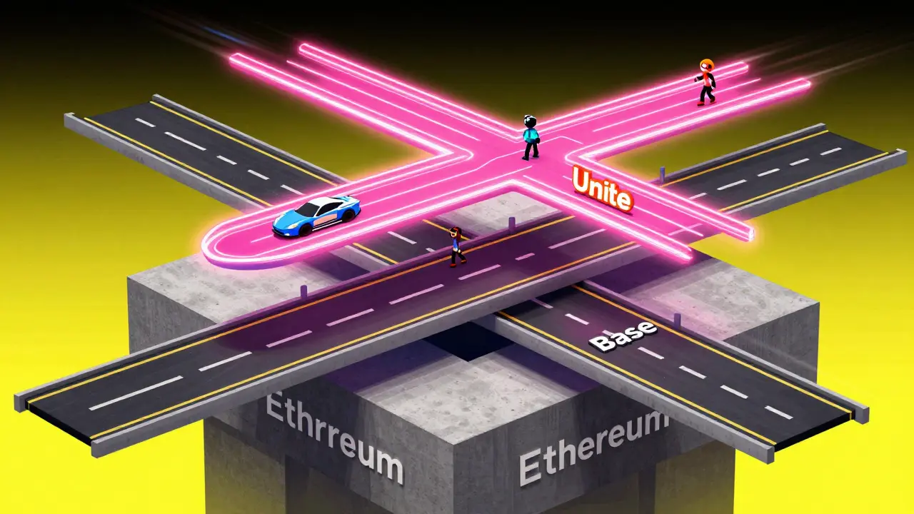 Abstract depiction of Ethereum, Base, and Unite as a tiered structure of a foundation, highway, and racing lane.