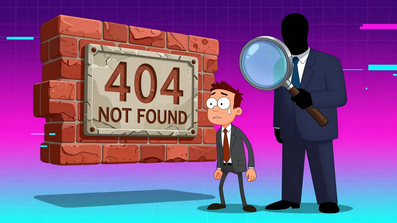 An anxious trader staring at a 404 error wall while a shadowy SEC figure looms over him.