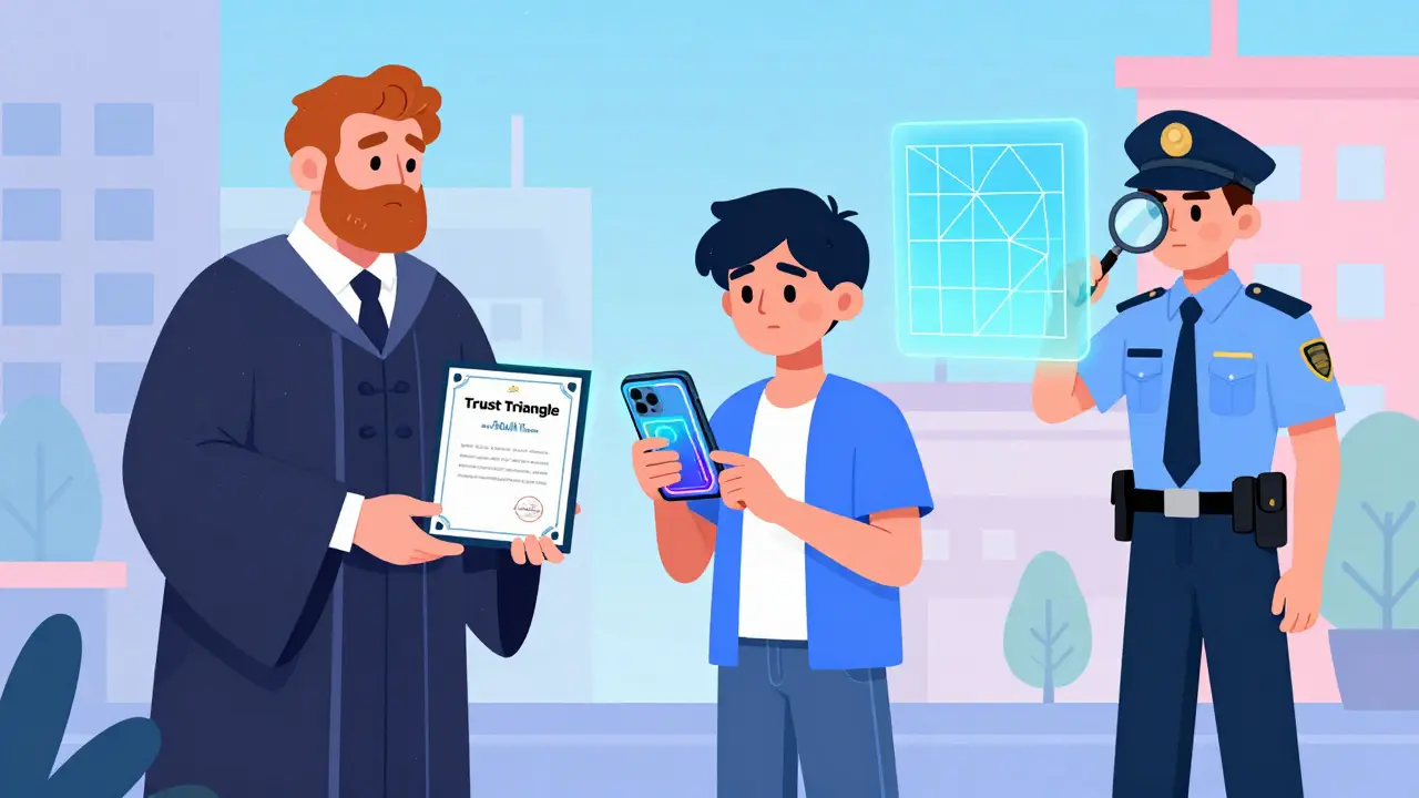 Cartoon characters representing an issuer, a holder with a digital wallet, and a verifier.